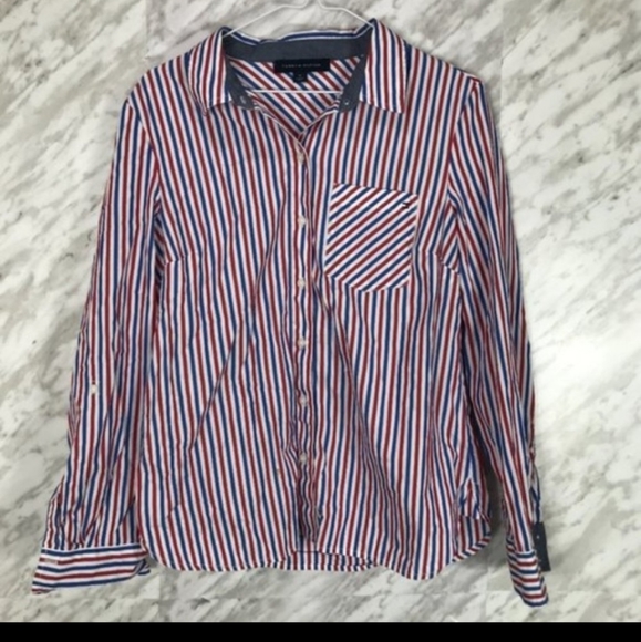 Tommy Hilfiger Striped Button Down Shirt Red Blue White Cotton - Picture 2 of 7